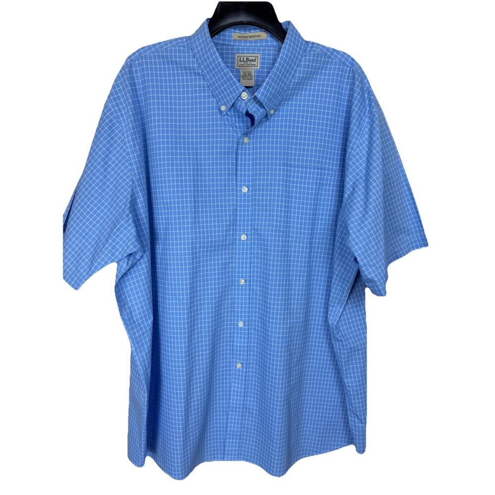 LL Bean Men's 2XL Wrinkle Resistant Button Down Shirt Blue White Checked